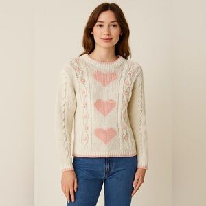 Vintage American Weekend Knitted by Hand Heart Knit Sweater -  and Pink